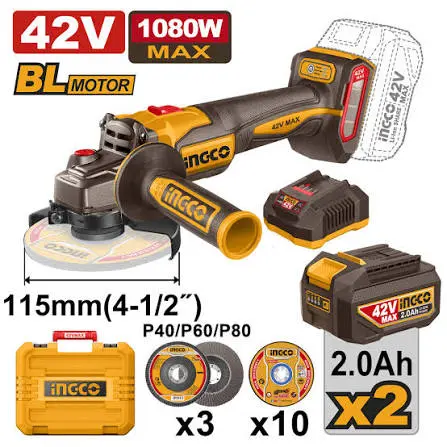 ESMERIL ANGULAR INALÁMBRIC0 42V 4 1/2 1280W 29 DISCOS MAX ING-CO 