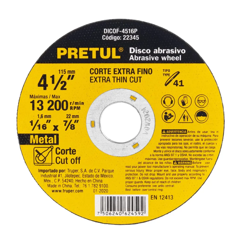 DISCO CORTE METAL/ACERO 4 1/2" PRETUL